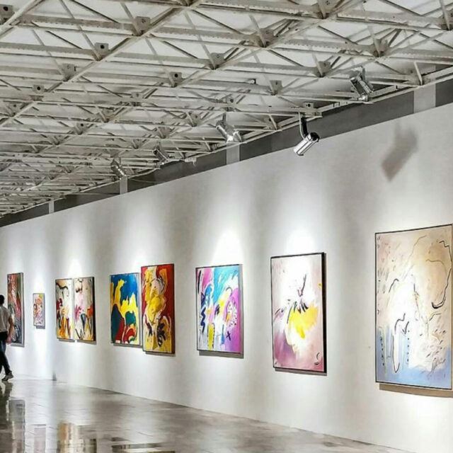 Art gallery with paintings.